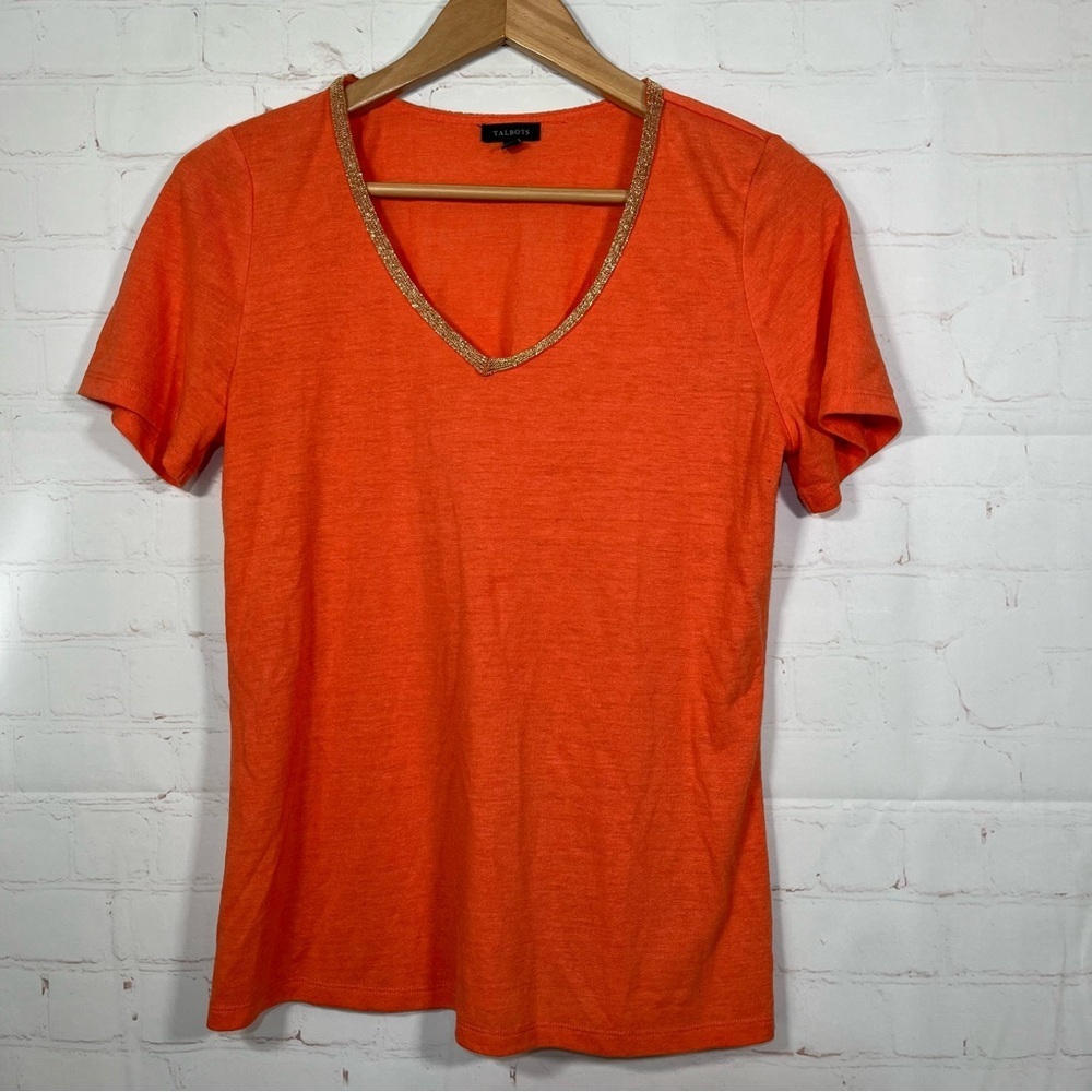 Talbots Linen Blend Orange V Neck Short Sleeve Top Size Small Gold Details